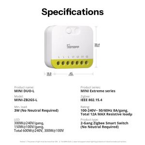 SONOFF MINI DUO ZB2GS-L – Двуканален Zigbee смарт реле модул без нулев проводник / Арт.№ SO MINI ZB2GS L